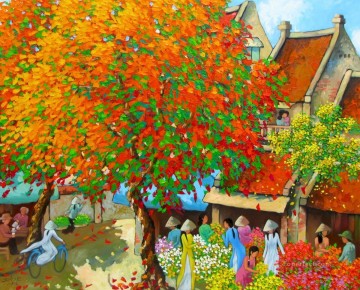 Asian Painting - Busy morning in Spring Vietnamese Asian